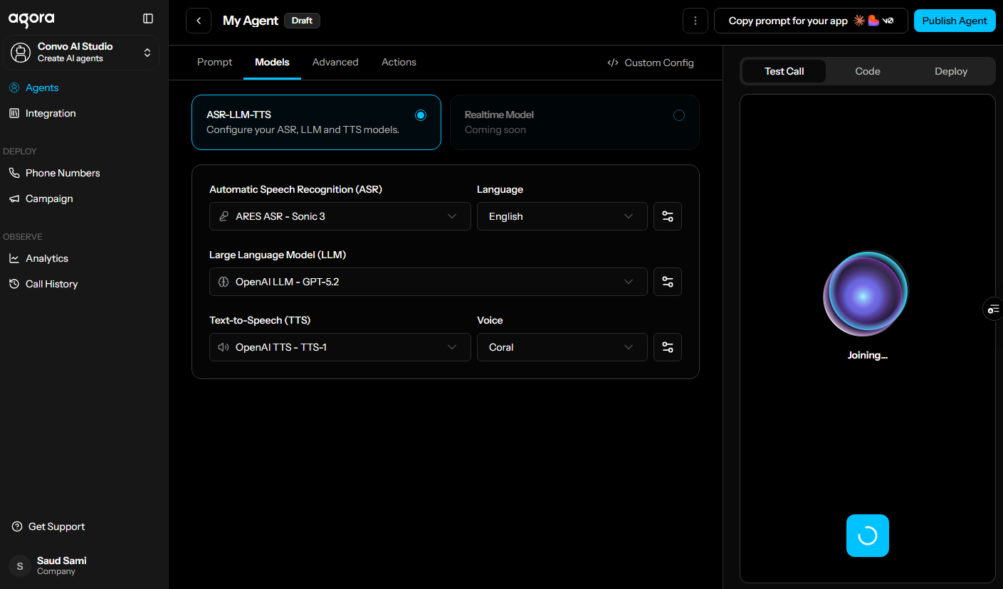 Test agent panel
